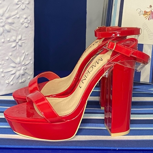 Red patent chunky platform ankle strap high heel sandals Mackin J sz 10 - Picture 4 of 11